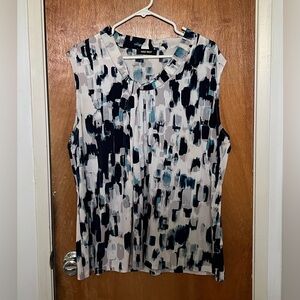 Nine West sleeveless cream/blues/taupe abstract print blouse 2X EUC
